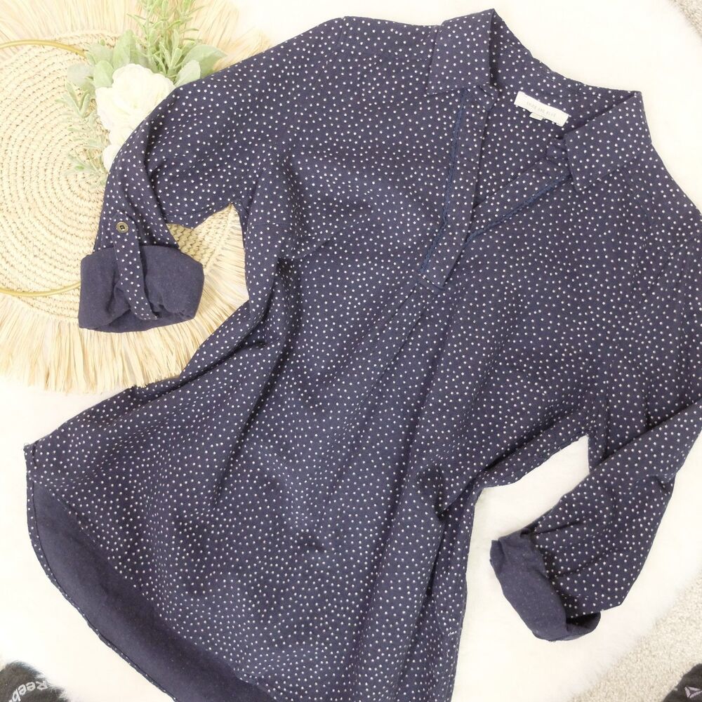 Skies are Blue Navy Blue Star Print Roll Up Sleeve Blouse Size Small